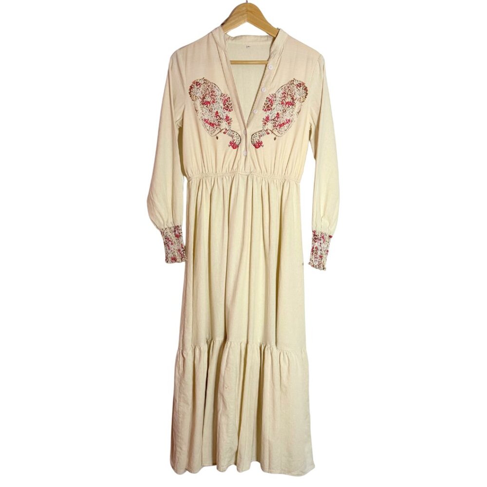 Boho Peasant Maxi Dress V-Neck Long Sleeves Vintage Style Women's Small
